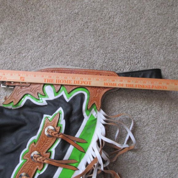 Brown Tooled Leather Cowboy Chaps Fringe Leather Chaps Western Rodeo Chaps Black - Picture 6 of 6